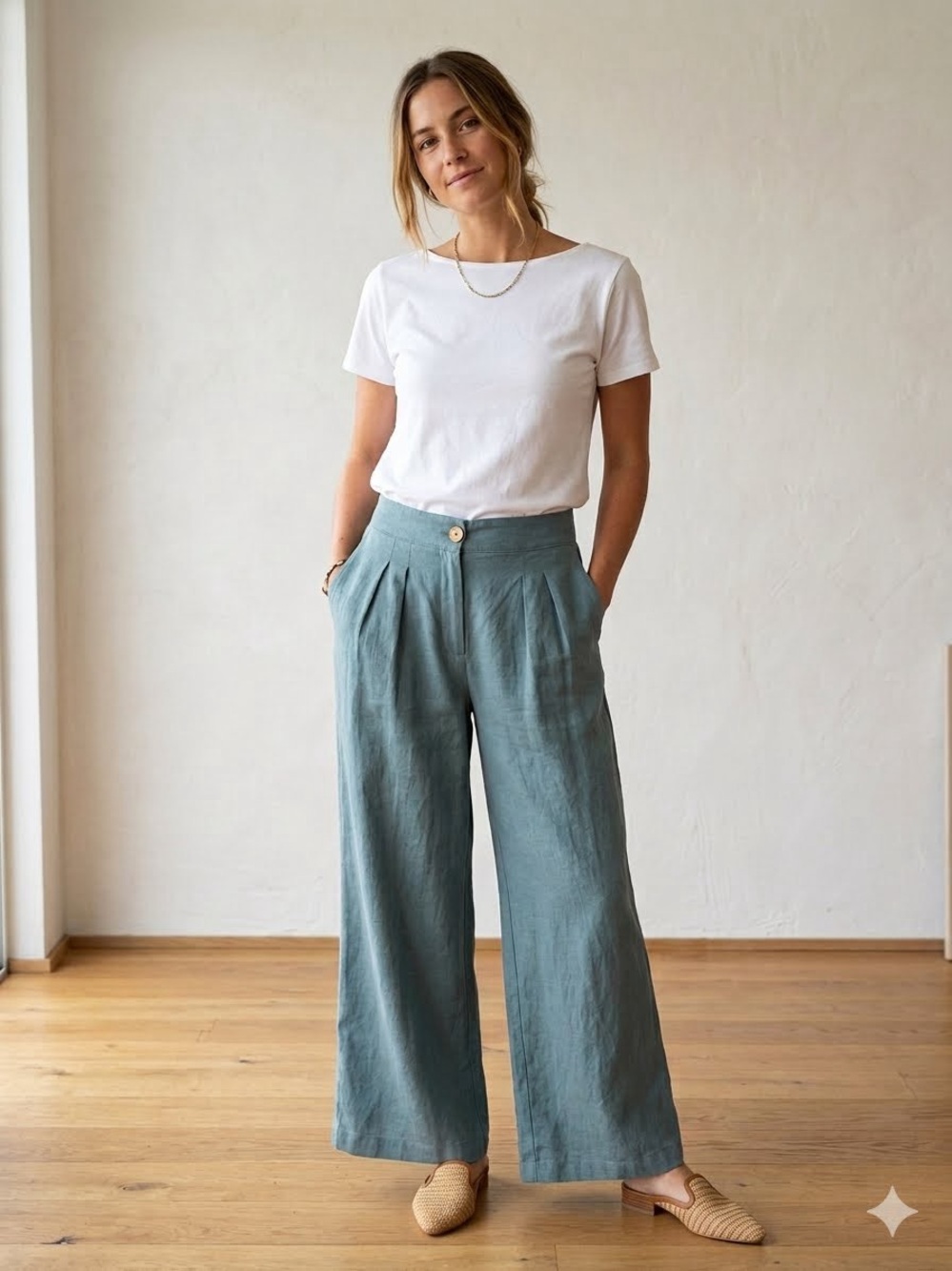 Me by Jennie Garth Blue Linen Blend Wide Leg Pleated Pants Size 8P Petite